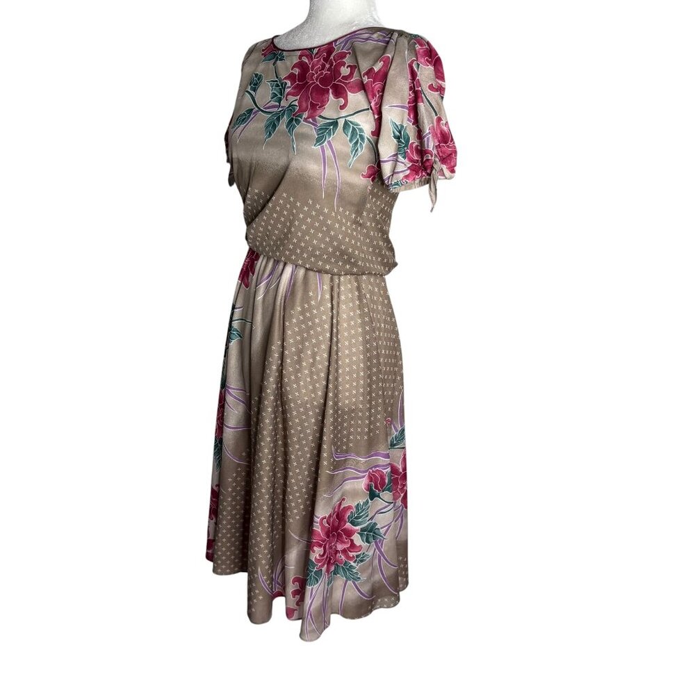 Vintage 80s Floral Short Sleeve Dress Small Slightly Sheer Tie Sleeves Elastic - Picture 3 of 8